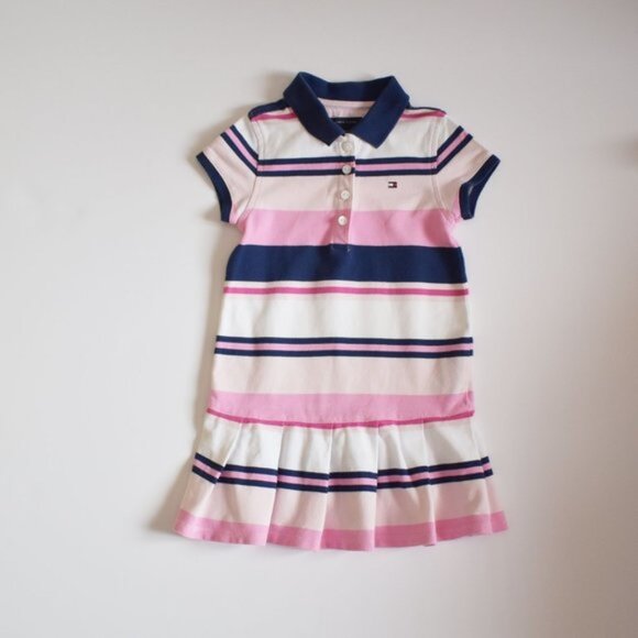 Tommy Hilfiger Navy Blue, White and Pink Striped Polo Pleated Dress Size 2T - Picture 1 of 7